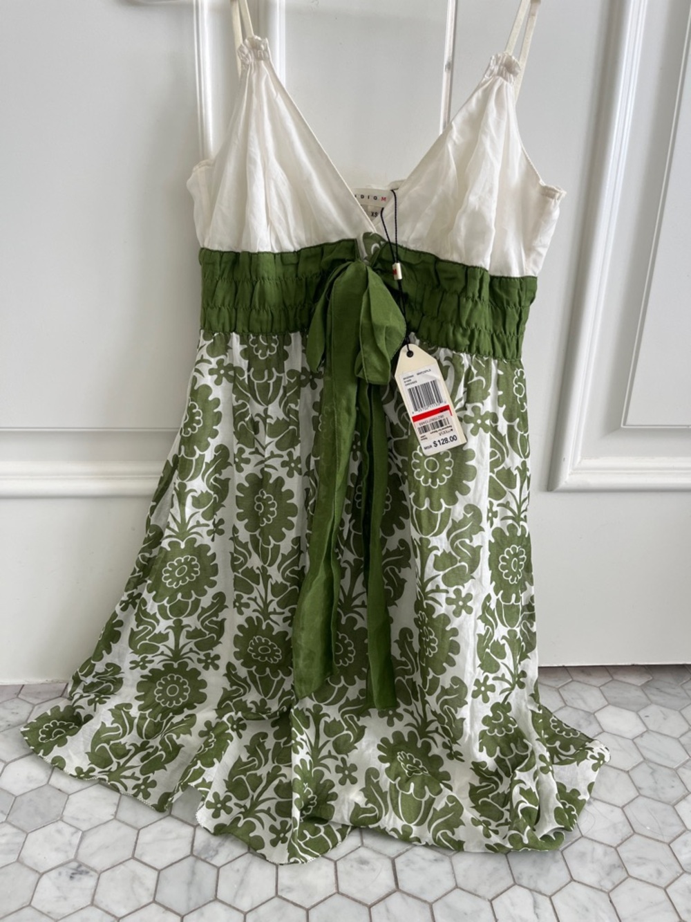Studio M White and Olive Green Floral Mini Dress